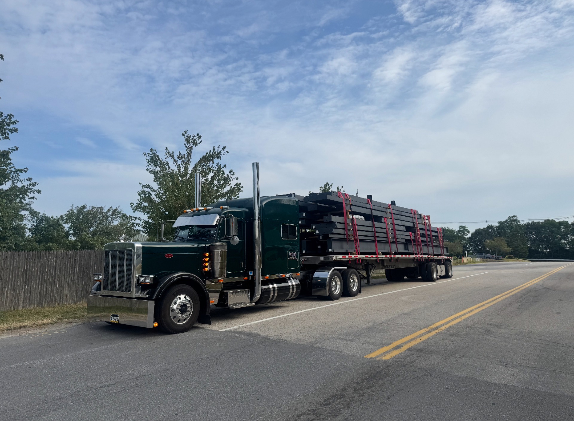 Peterbilt flatbed hauling steel I-beams